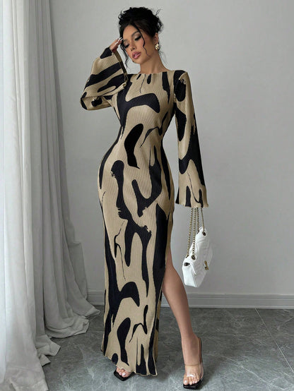 Raffinéa Women's Pattern Print Backless Cross Design Side Slit Dress, Fashionable And Elegant Fall Cloth For Women