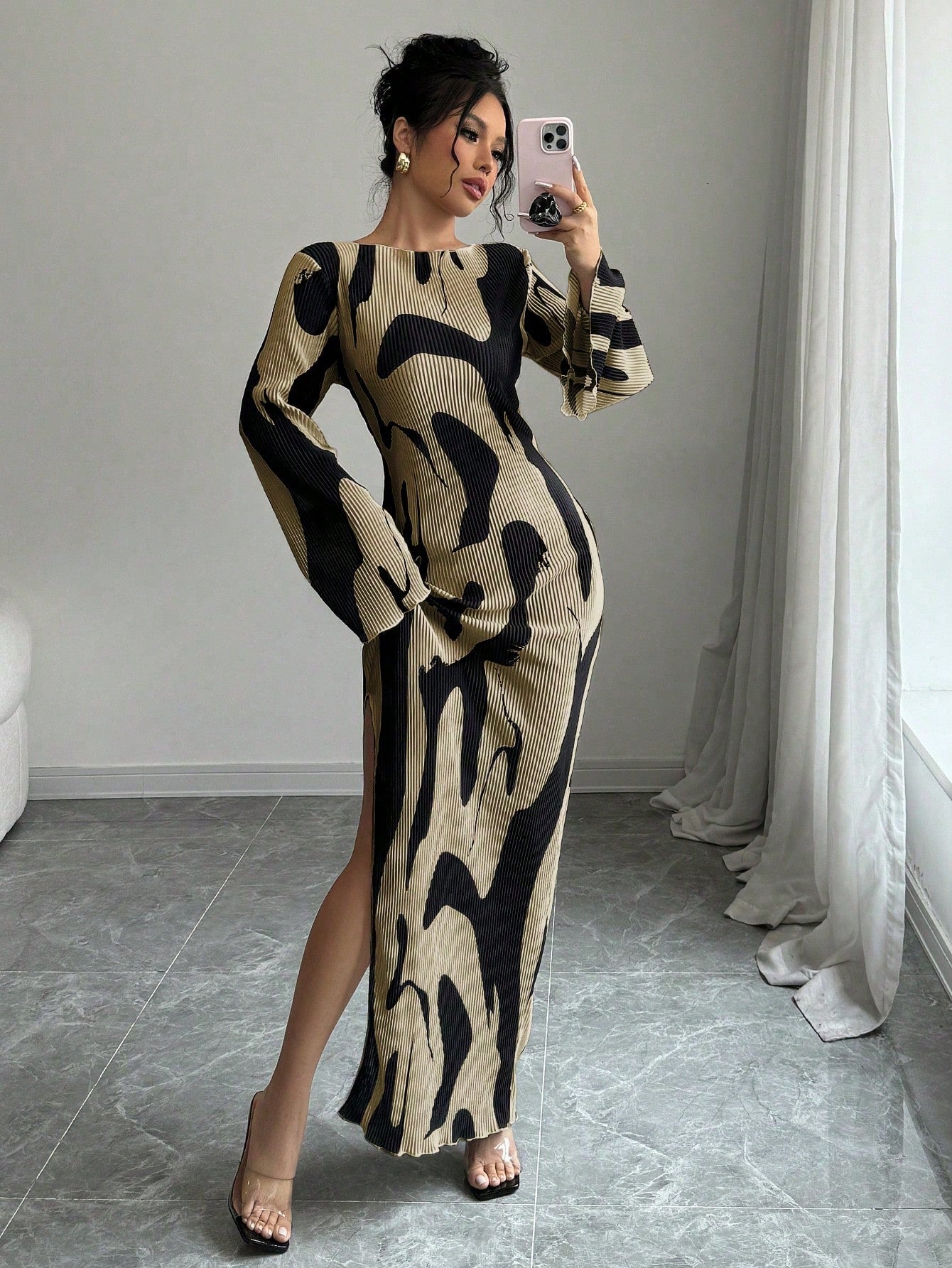 Raffinéa Women's Pattern Print Backless Cross Design Side Slit Dress, Fashionable And Elegant Fall Cloth For Women