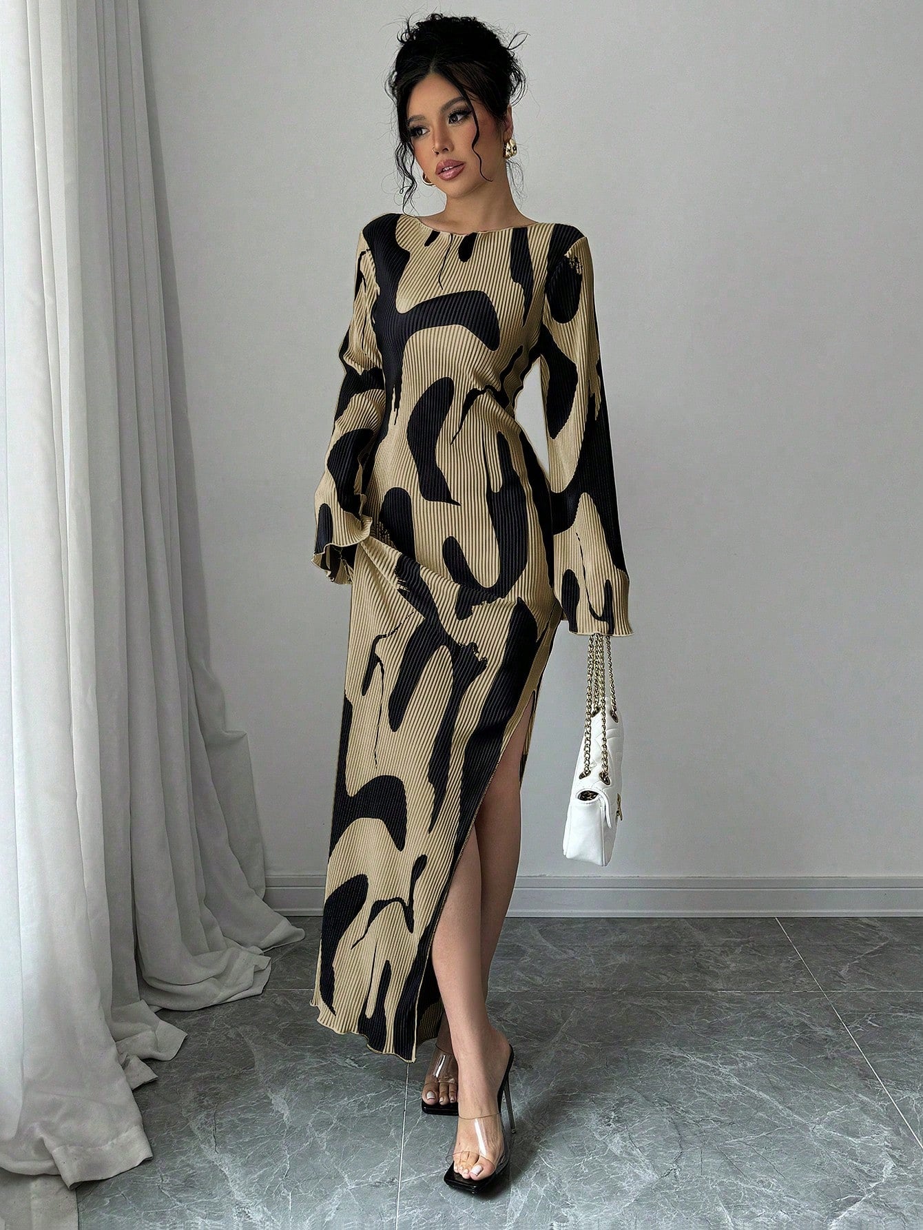 Raffinéa Women's Pattern Print Backless Cross Design Side Slit Dress, Fashionable And Elegant Fall Cloth For Women
