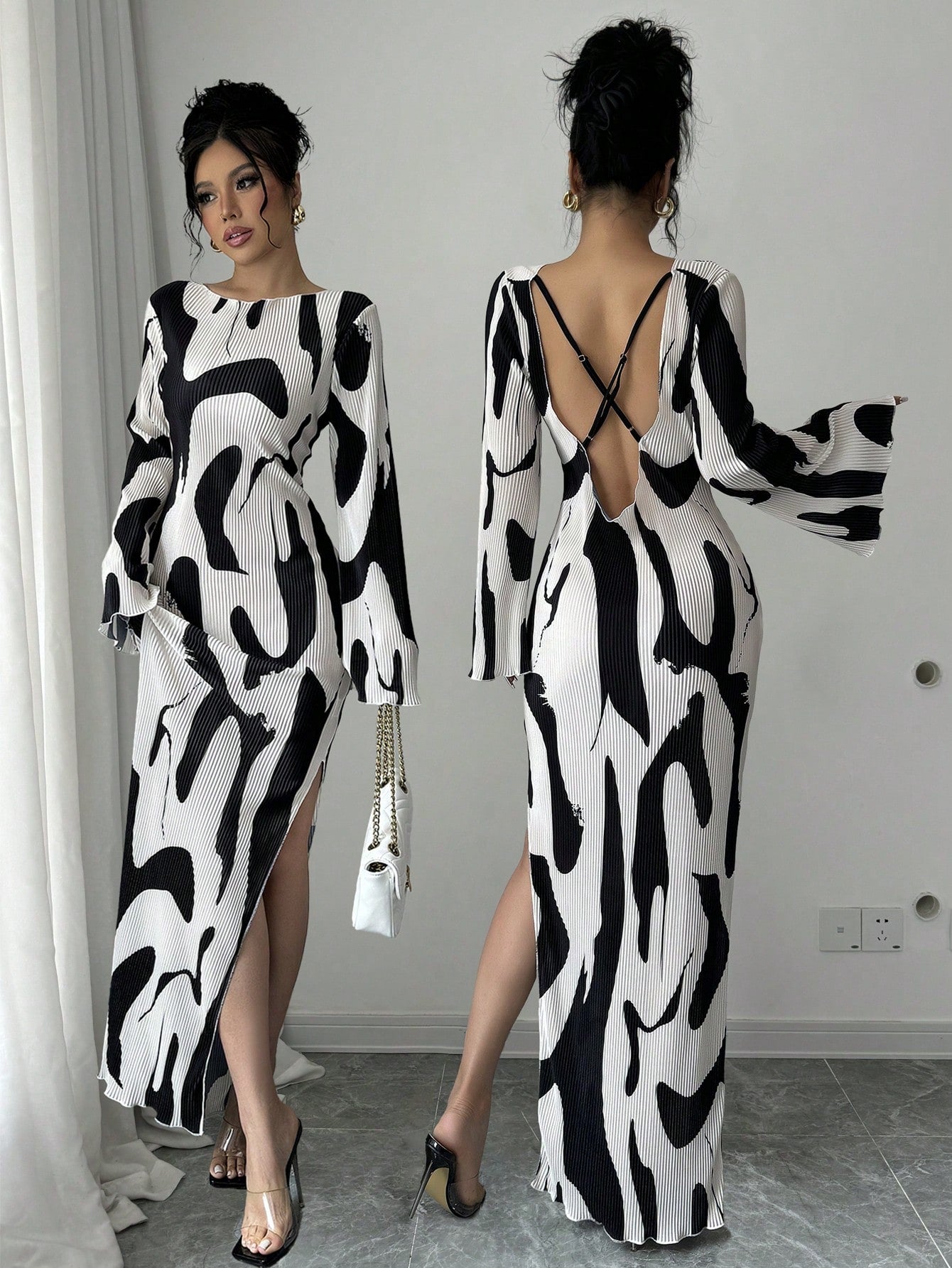 Raffinéa Women's Pattern Print Backless Cross Design Side Slit Dress, Fashionable And Elegant Fall Cloth For Women