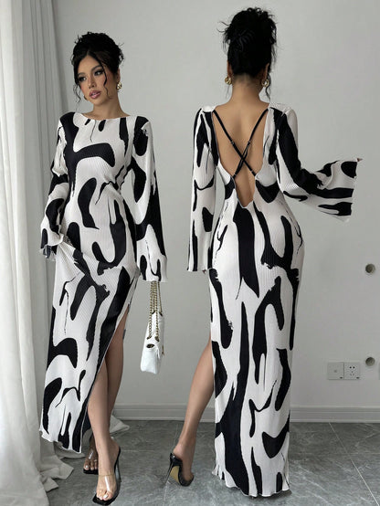 Raffinéa Women's Pattern Print Backless Cross Design Side Slit Dress, Fashionable And Elegant Fall Cloth For Women