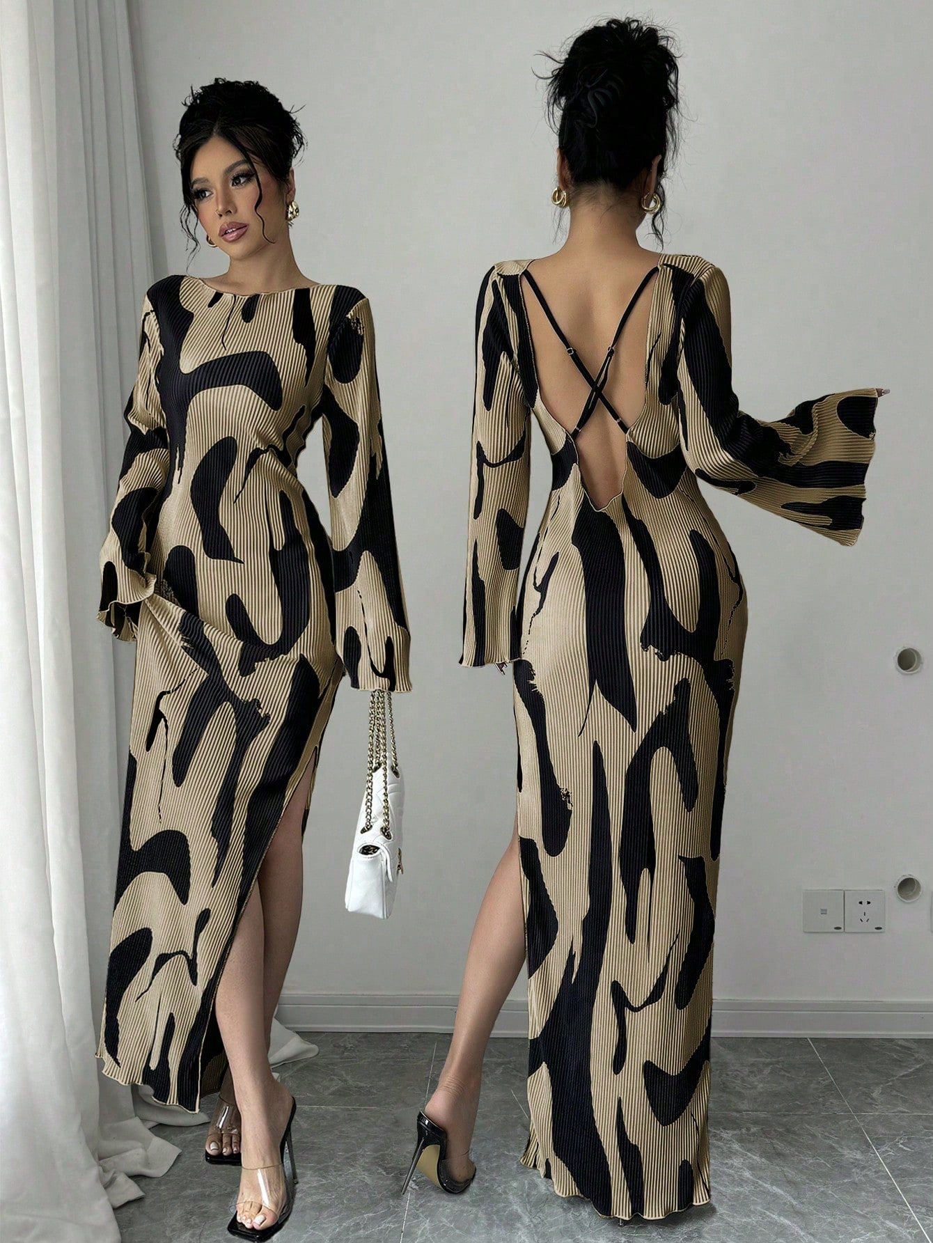Raffinéa Women's Pattern Print Backless Cross Design Side Slit Dress, Fashionable And Elegant Fall Cloth For Women