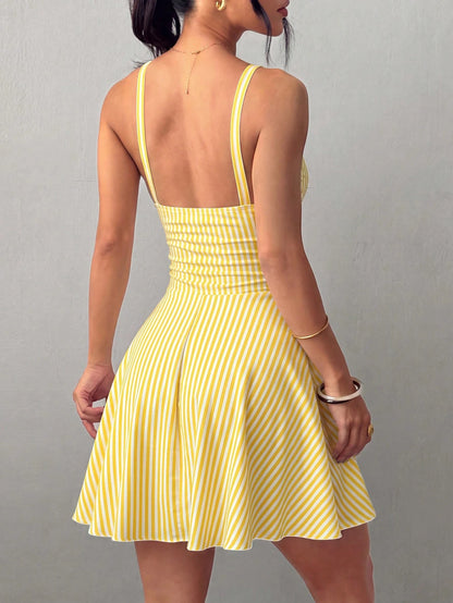 Raffinéa Women's V-Neck Knit Ruched Waist A-Line Sexy Elegant Spaghetti Strap Short Dress