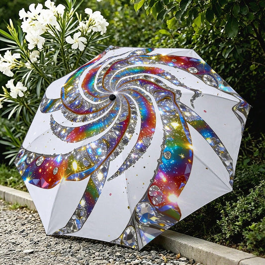 Rainbow Diamond Glitter Spiral Auto Fold Umbrella UPF50+ Waterproof Windproof Portable Sun Rain Parasol Bling Art Gift