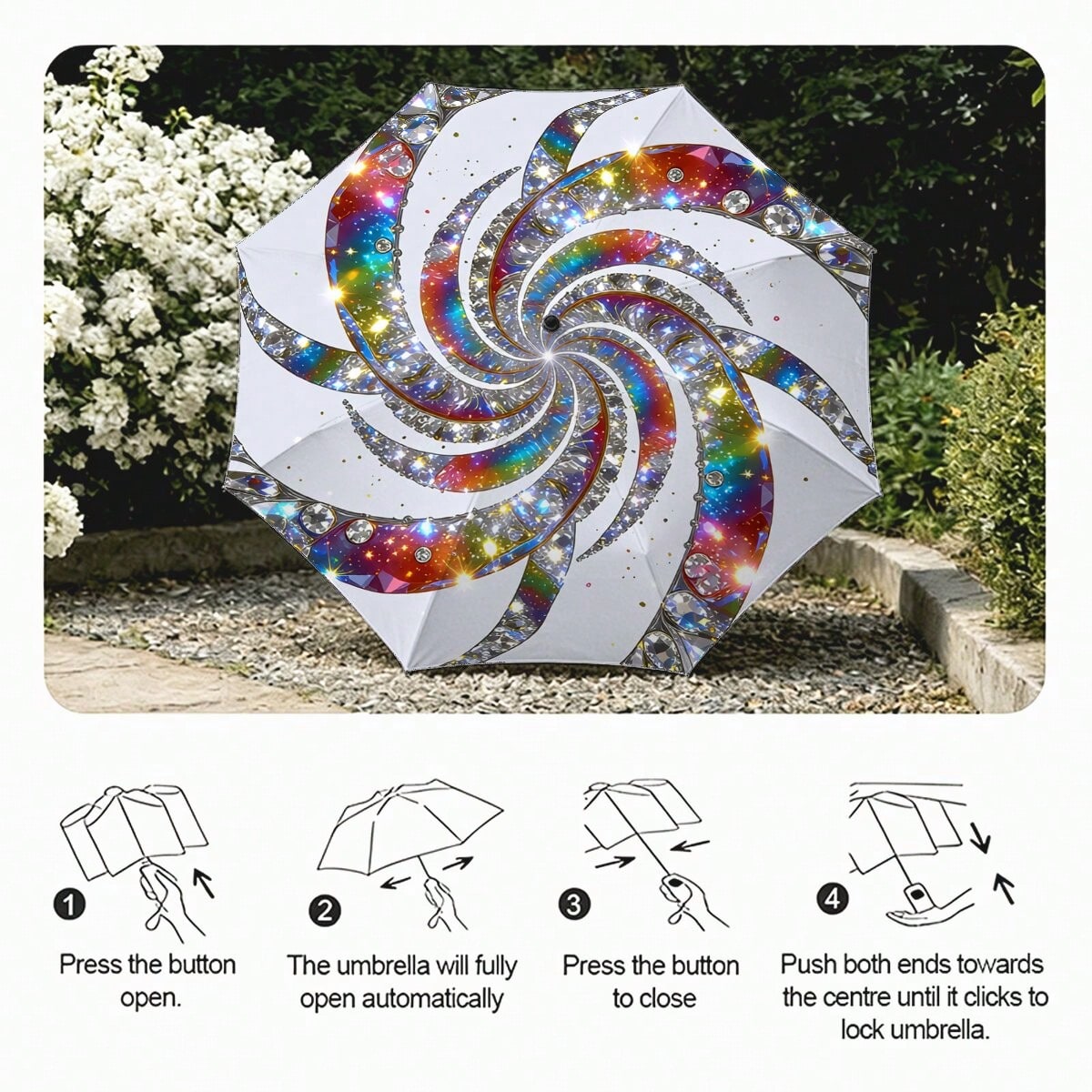 Rainbow Diamond Glitter Spiral Auto Fold Umbrella UPF50+ Waterproof Windproof Portable Sun Rain Parasol Bling Art Gift