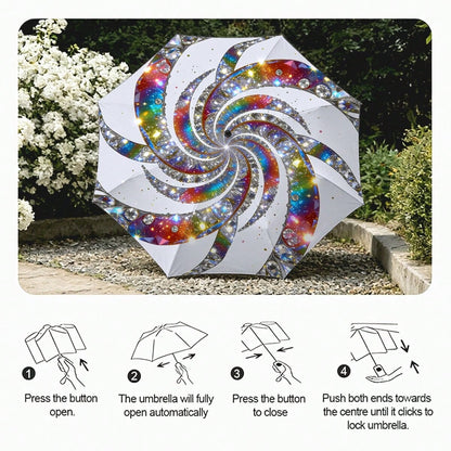 Rainbow Diamond Glitter Spiral Auto Fold Umbrella UPF50+ Waterproof Windproof Portable Sun Rain Parasol Bling Art Gift