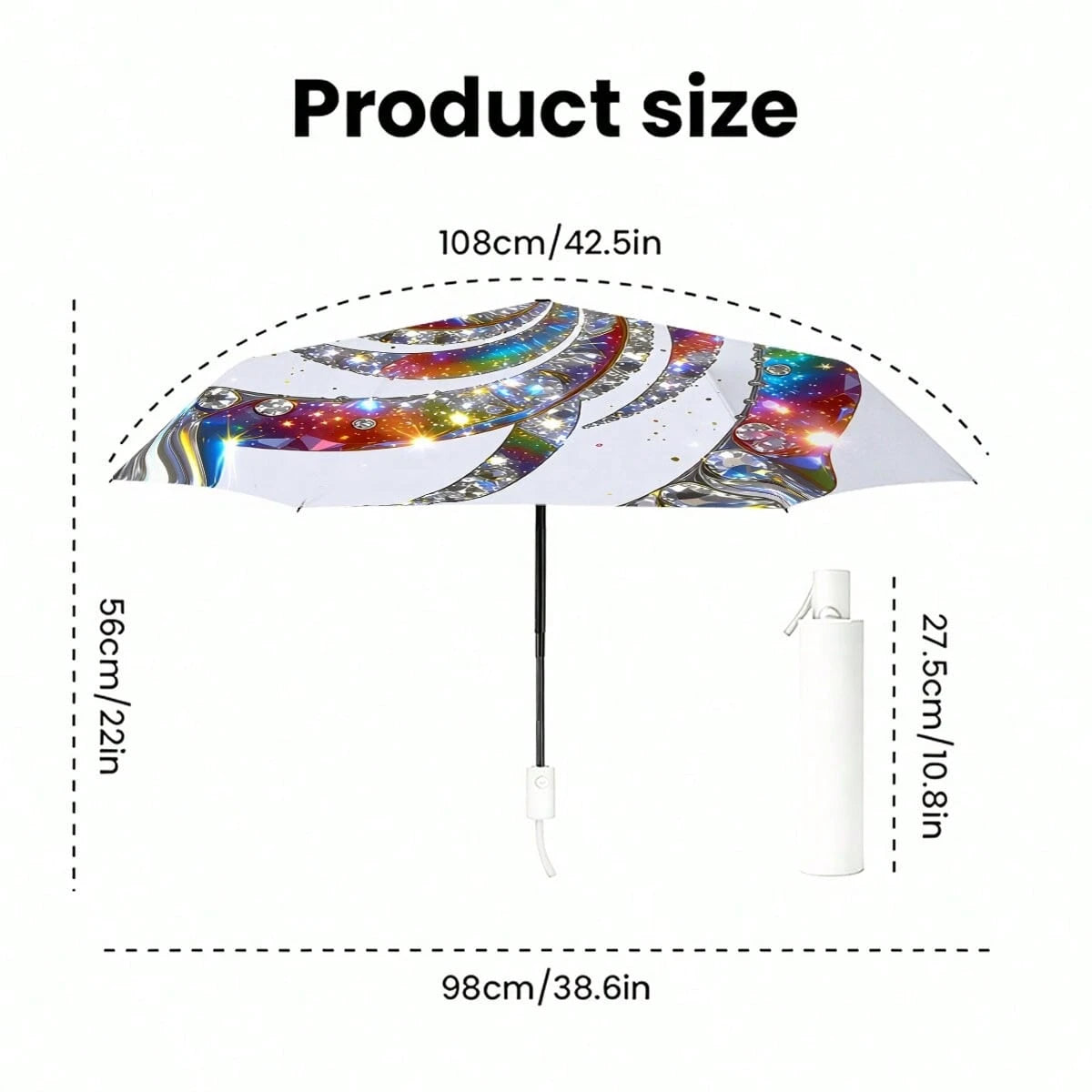 Rainbow Diamond Glitter Spiral Auto Fold Umbrella UPF50+ Waterproof Windproof Portable Sun Rain Parasol Bling Art Gift