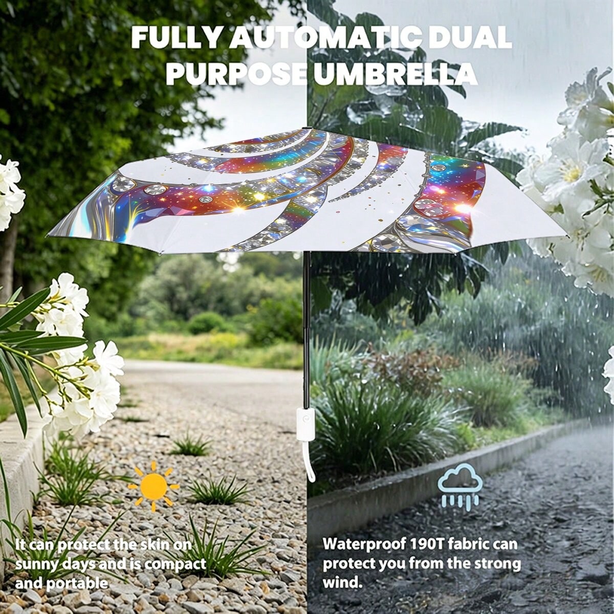 Rainbow Diamond Glitter Spiral Auto Fold Umbrella UPF50+ Waterproof Windproof Portable Sun Rain Parasol Bling Art Gift