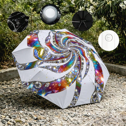 Rainbow Diamond Glitter Spiral Auto Fold Umbrella UPF50+ Waterproof Windproof Portable Sun Rain Parasol Bling Art Gift