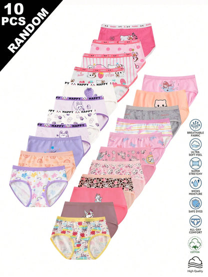 Random 10pcs Girls Toddler Simple Fashion All-Over Print Cartoon Animal Heart Pony Strawberry Pattern Triangle Panties Girls Underwear
