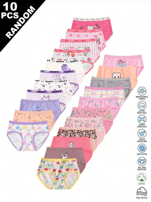 Random 10pcs Girls Toddler Simple Fashion All-Over Print Cartoon Animal Heart Pony Strawberry Pattern Triangle Panties Girls Underwear