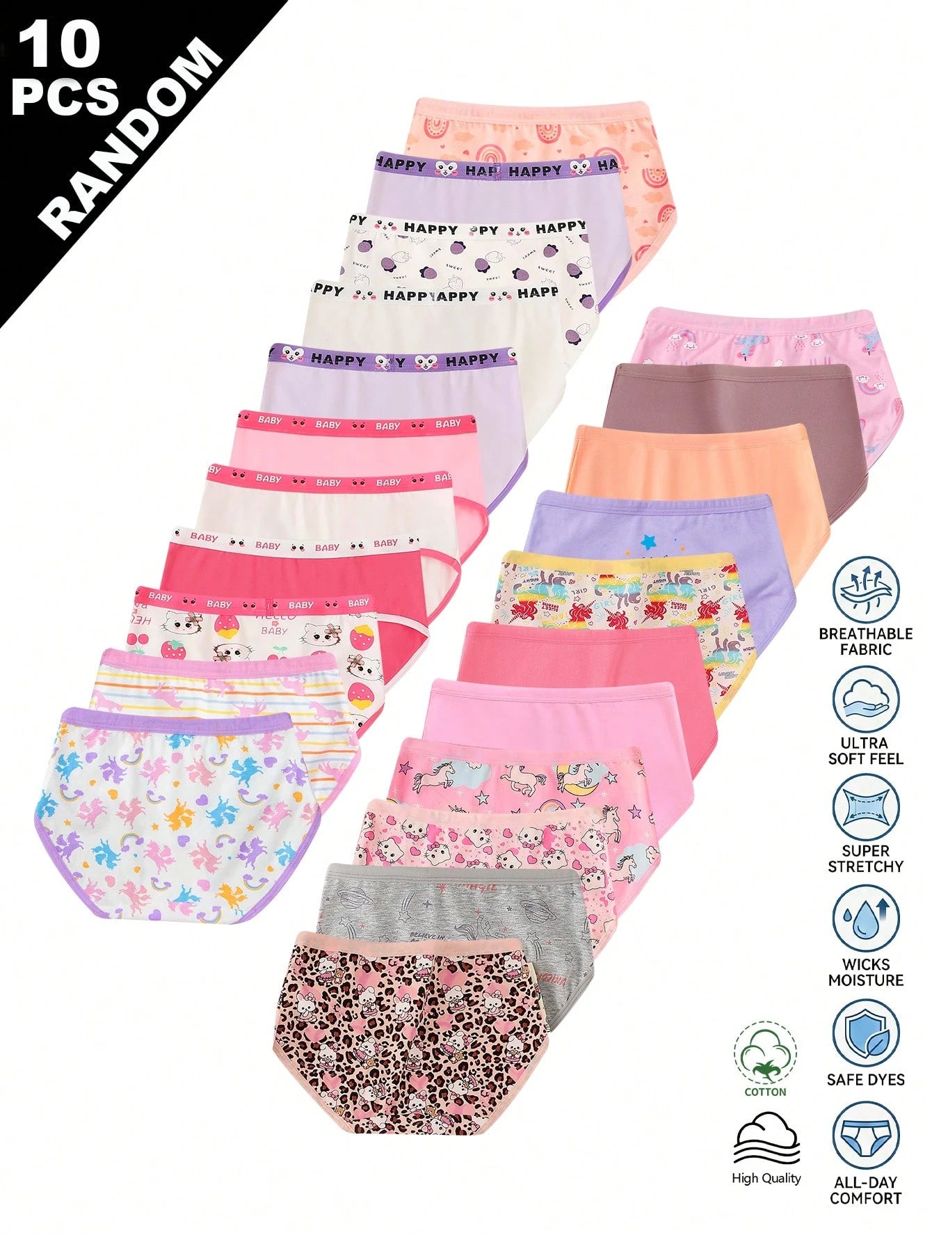 Random 10pcs Girls Toddler Simple Fashion All-Over Print Cartoon Animal Heart Pony Strawberry Pattern Triangle Panties Girls Underwear