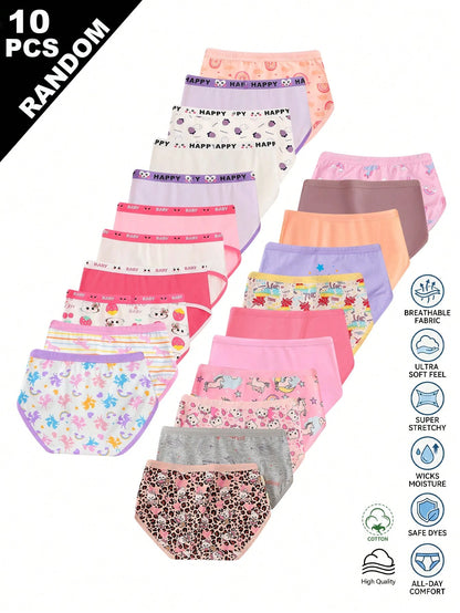 Random 10pcs Girls Toddler Simple Fashion All-Over Print Cartoon Animal Heart Pony Strawberry Pattern Triangle Panties Girls Underwear