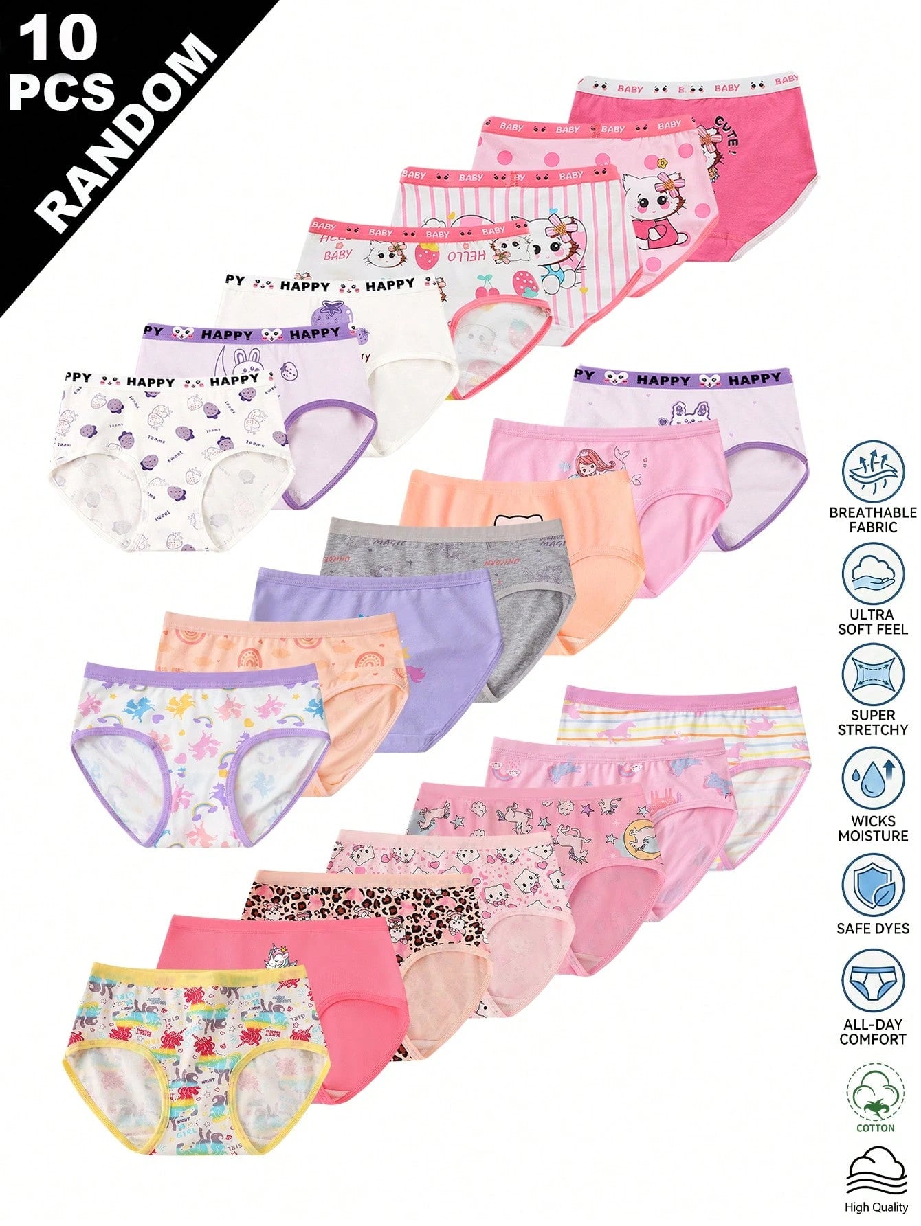 Random 10pcs Girls Toddler Simple Fashion All-Over Print Cartoon Animal Heart Pony Strawberry Pattern Triangle Panties Girls Underwear