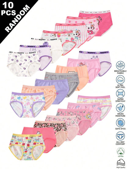 Random 10pcs Girls Toddler Simple Fashion All-Over Print Cartoon Animal Heart Pony Strawberry Pattern Triangle Panties Girls Underwear
