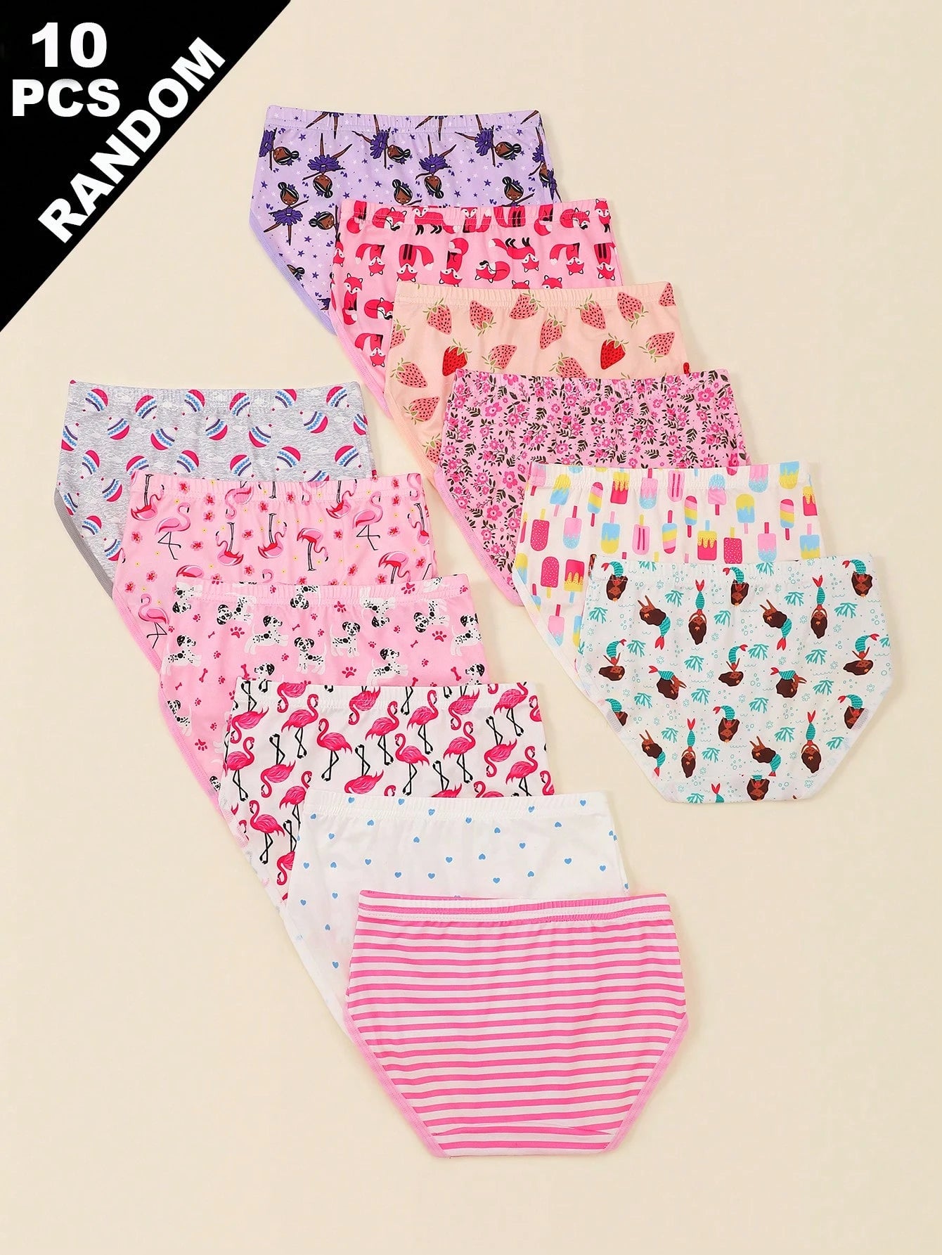 Random 10pcs Girls Toddler Simple Fashion All-Over Print Cartoon Animal Heart Pony Strawberry Pattern Triangle Panties Girls Underwear