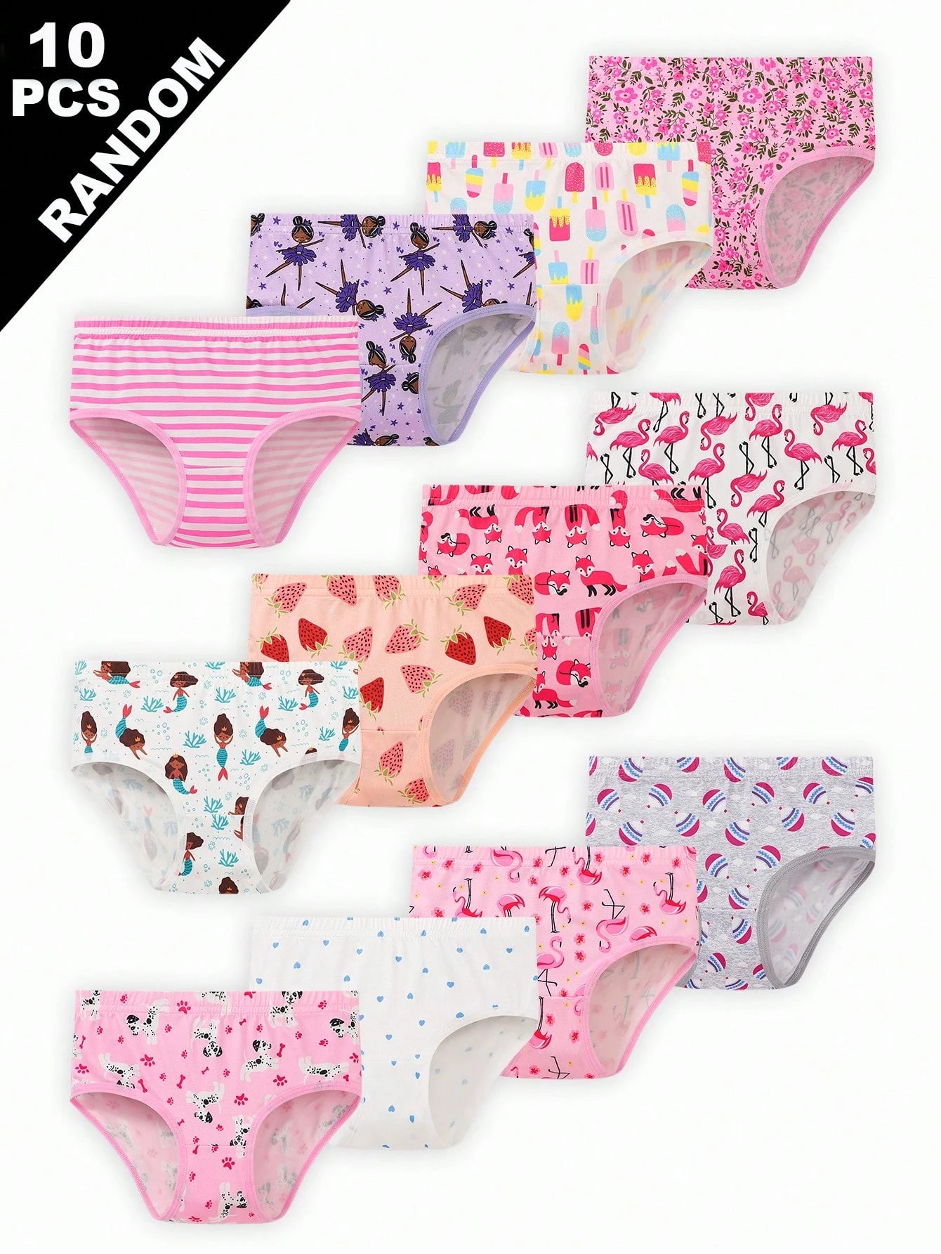Random 10pcs Girls Toddler Simple Fashion All-Over Print Cartoon Animal Heart Pony Strawberry Pattern Triangle Panties Girls Underwear