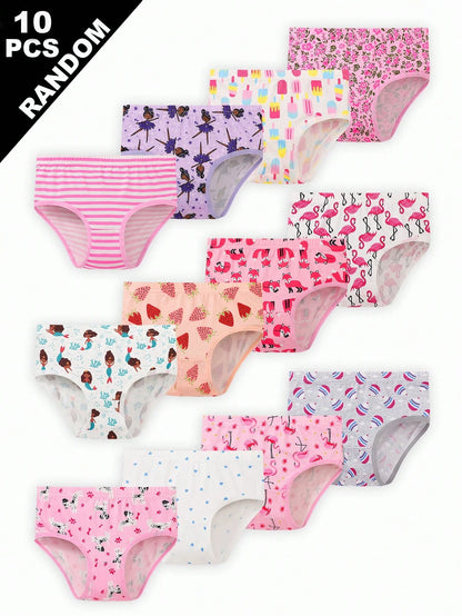 Random 10pcs Girls Toddler Simple Fashion All-Over Print Cartoon Animal Heart Pony Strawberry Pattern Triangle Panties Girls Underwear