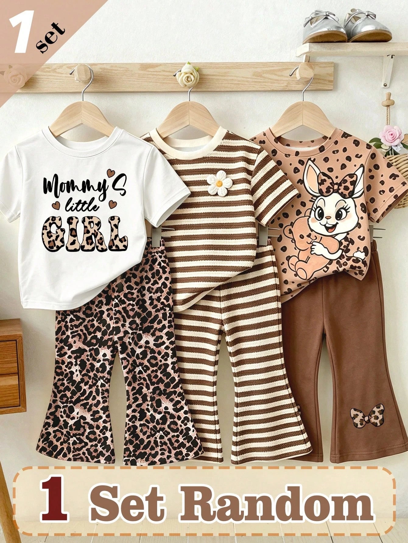 (Random 3 Sets,Send 1 Set)Baby Girl Leopard Print Letter Heart Bow Rabbit Flower Stripe Pattern Basic Daily Short T-Shirt & Flared Pants 2-Piece Set, All Season Wear
