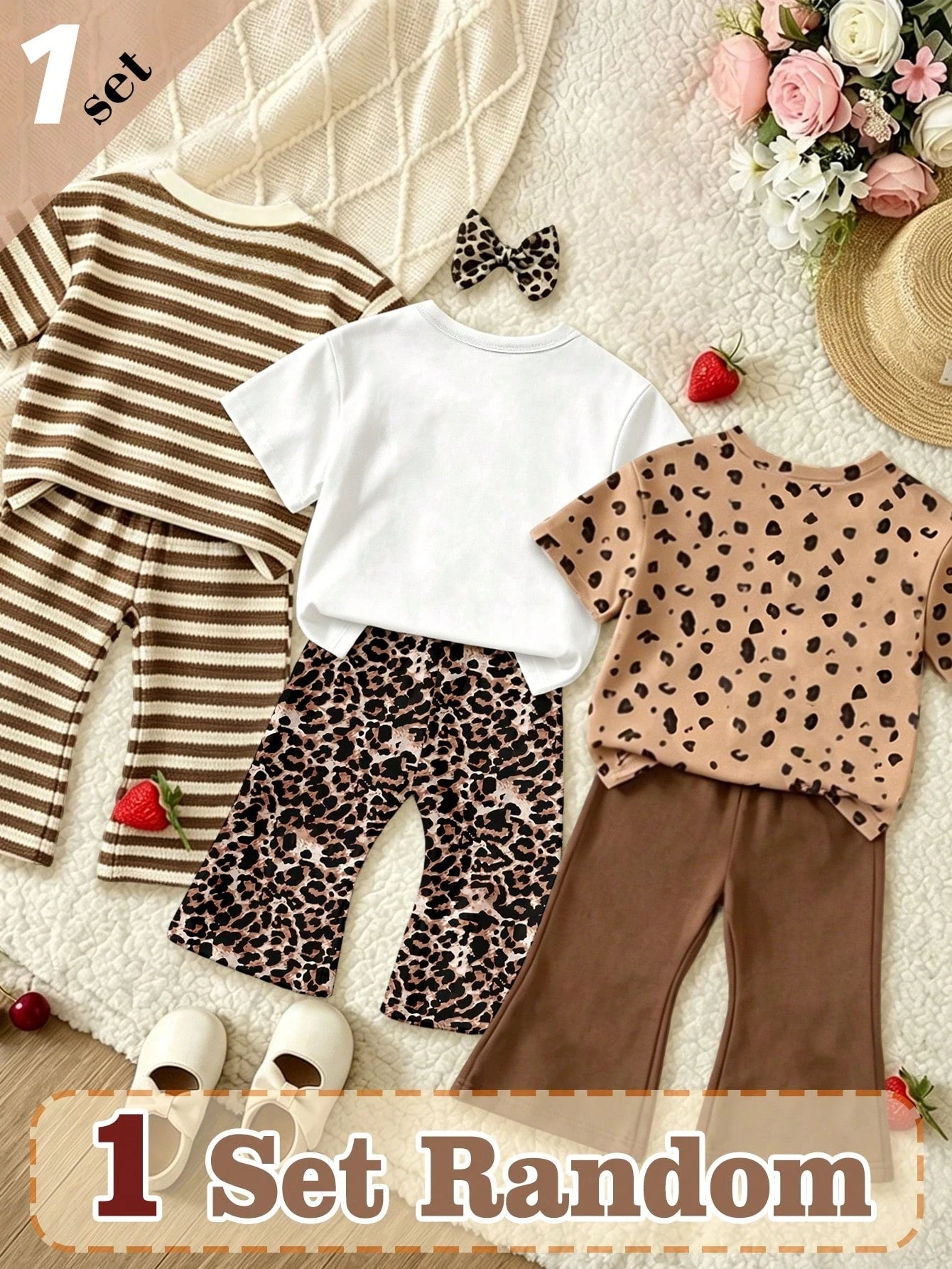 (Random 3 Sets,Send 1 Set)Baby Girl Leopard Print Letter Heart Bow Rabbit Flower Stripe Pattern Basic Daily Short T-Shirt & Flared Pants 2-Piece Set, All Season Wear
