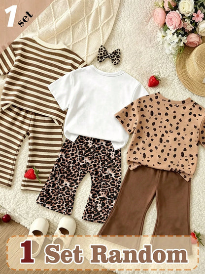 (Random 3 Sets,Send 1 Set)Baby Girl Leopard Print Letter Heart Bow Rabbit Flower Stripe Pattern Basic Daily Short T-Shirt & Flared Pants 2-Piece Set, All Season Wear