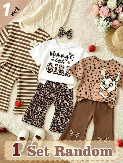 (Random 3 Sets,Send 1 Set)Baby Girl Leopard Print Letter Heart Bow Rabbit Flower Stripe Pattern Basic Daily Short T-Shirt & Flared Pants 2-Piece Set, All Season Wear