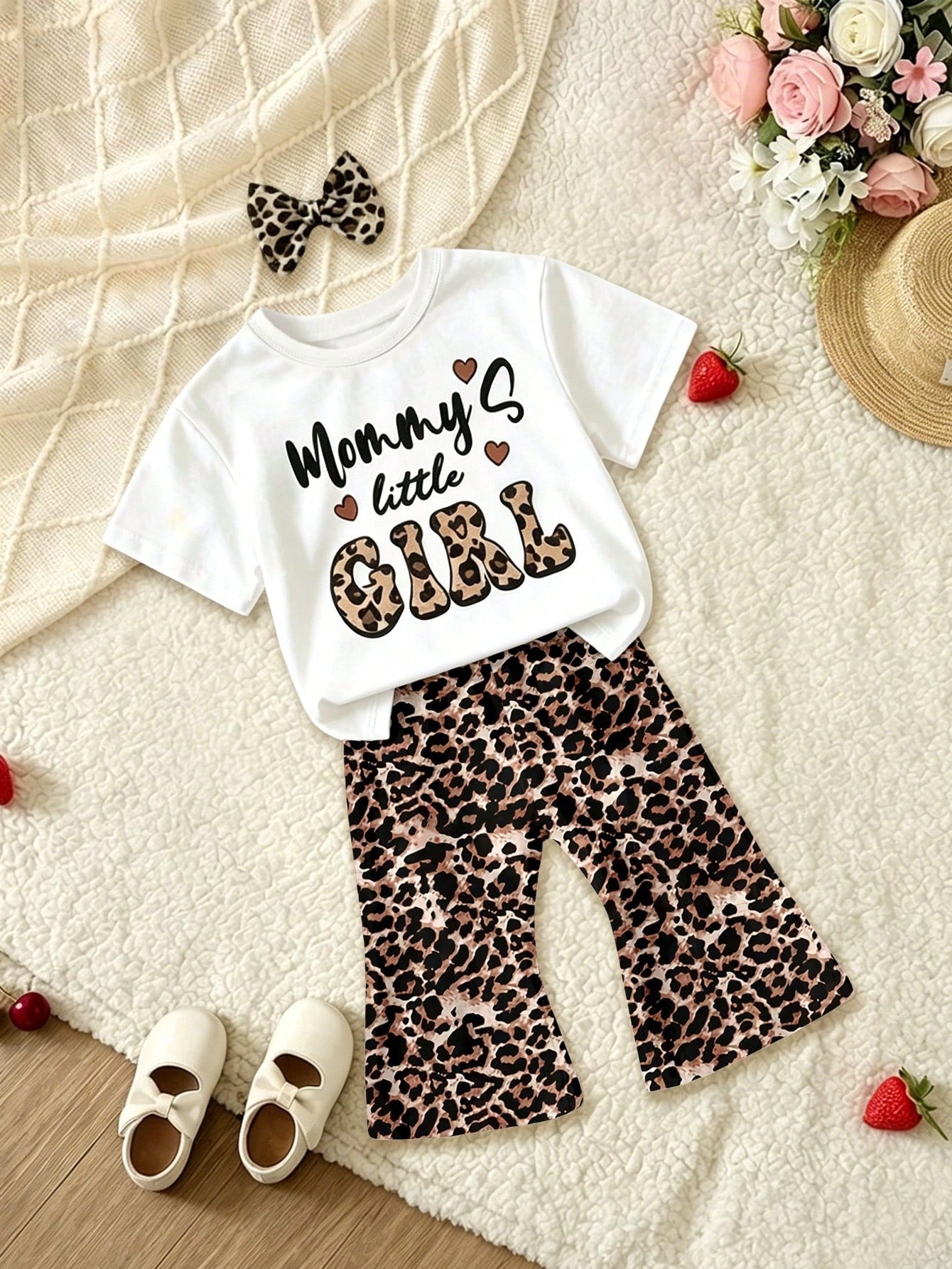 (Random 3 Sets,Send 1 Set)Baby Girl Leopard Print Letter Heart Bow Rabbit Flower Stripe Pattern Basic Daily Short T-Shirt & Flared Pants 2-Piece Set, All Season Wear