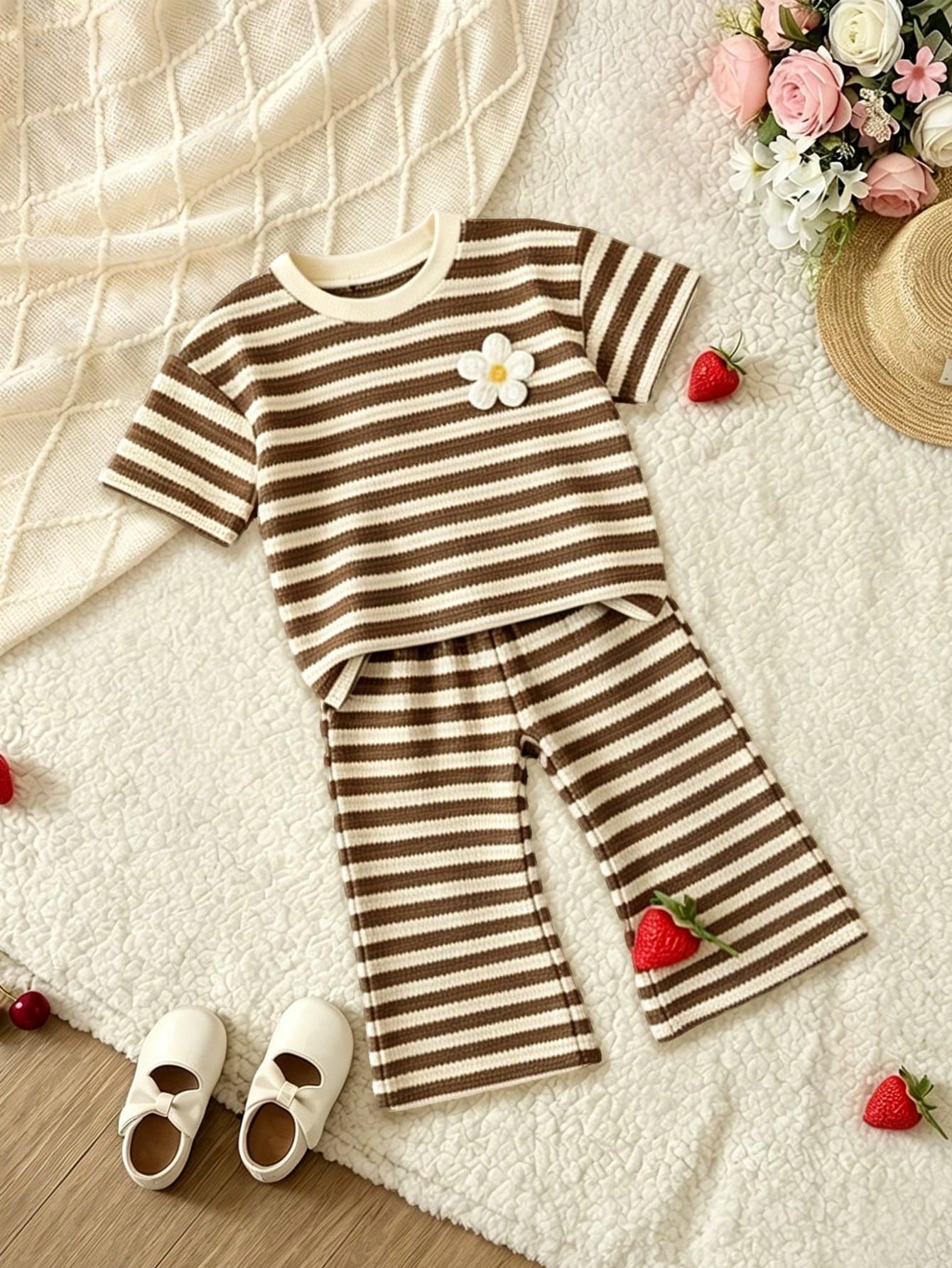 (Random 3 Sets,Send 1 Set)Baby Girl Leopard Print Letter Heart Bow Rabbit Flower Stripe Pattern Basic Daily Short T-Shirt & Flared Pants 2-Piece Set, All Season Wear