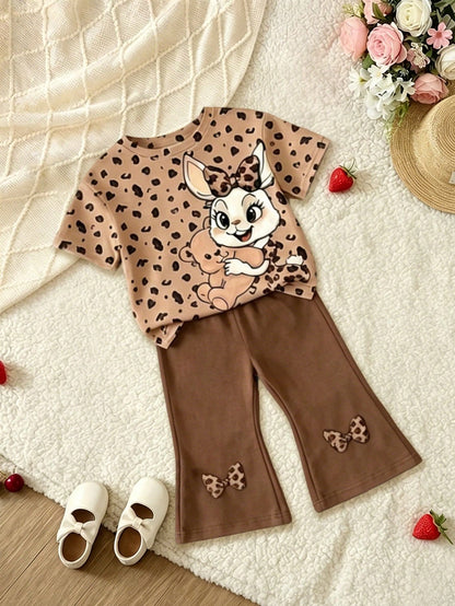 (Random 3 Sets,Send 1 Set)Baby Girl Leopard Print Letter Heart Bow Rabbit Flower Stripe Pattern Basic Daily Short T-Shirt & Flared Pants 2-Piece Set, All Season Wear