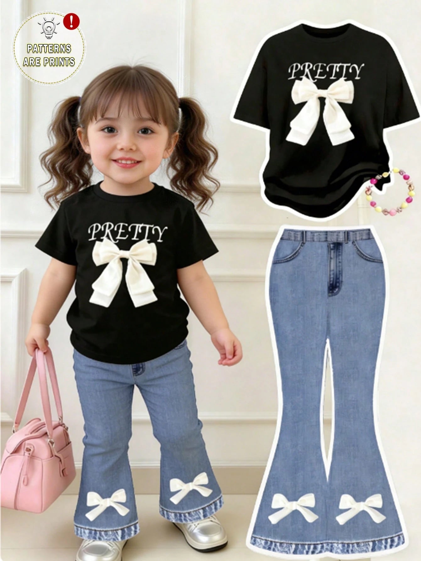 (Random 3 Sets,Send 1 Set)Baby Girl Leopard Print Letter Heart Bow Rabbit Flower Stripe Pattern Basic Daily Short T-Shirt & Flared Pants 2-Piece Set, All Season Wear