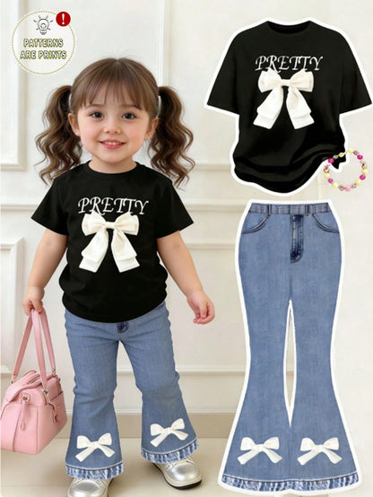 (Random 3 Sets,Send 1 Set)Baby Girl Leopard Print Letter Heart Bow Rabbit Flower Stripe Pattern Basic Daily Short T-Shirt & Flared Pants 2-Piece Set, All Season Wear
