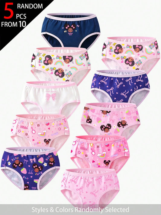 Random 5-Piece Girls Casual Sweet Cute Cartoon Bow Print Soft Knit Fabric Panties All-Season