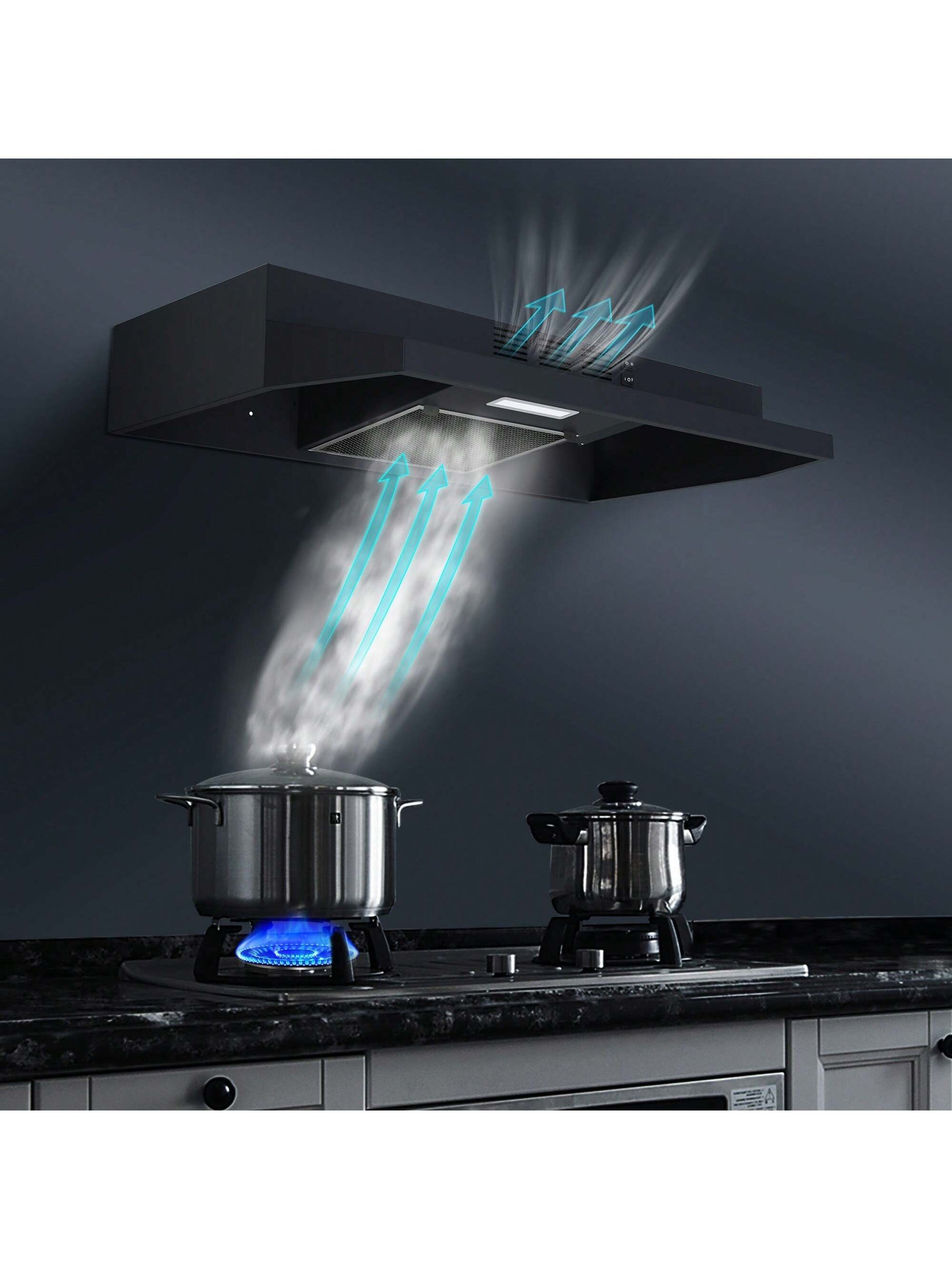 Range Hood 30 Inch Under Cabinet, Ducted/Ductless Convertible Kitchen Hood, Stainless Steel Vent Hood With LED Light,Under Cabinet Hood With 2 Speed Exhaust Fan,Black