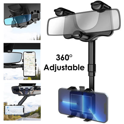 Rearview Mirror Phone Holder For Car, 360° Rotating Rear View Mount With Adjustable Arm Length, Car Phone Mount Compatible With 3-7" Cellphones