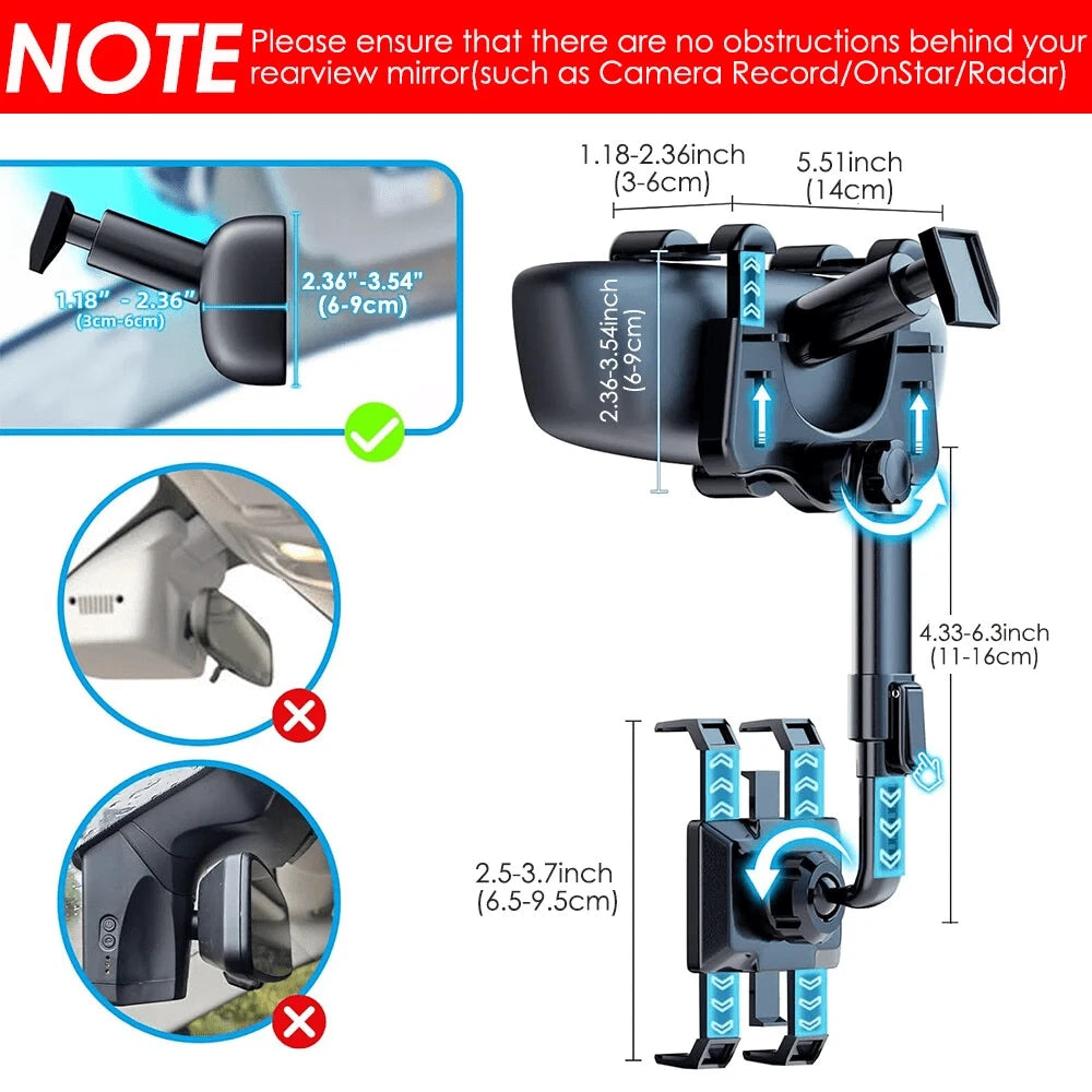 Rearview Mirror Phone Holder For Car, 360° Rotating Rear View Mount With Adjustable Arm Length, Car Phone Mount Compatible With 3-7" Cellphones