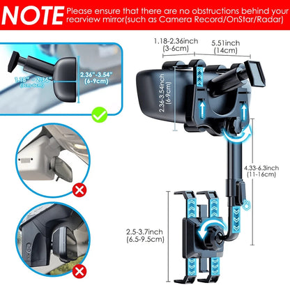 Rearview Mirror Phone Holder For Car, 360° Rotating Rear View Mount With Adjustable Arm Length, Car Phone Mount Compatible With 3-7" Cellphones