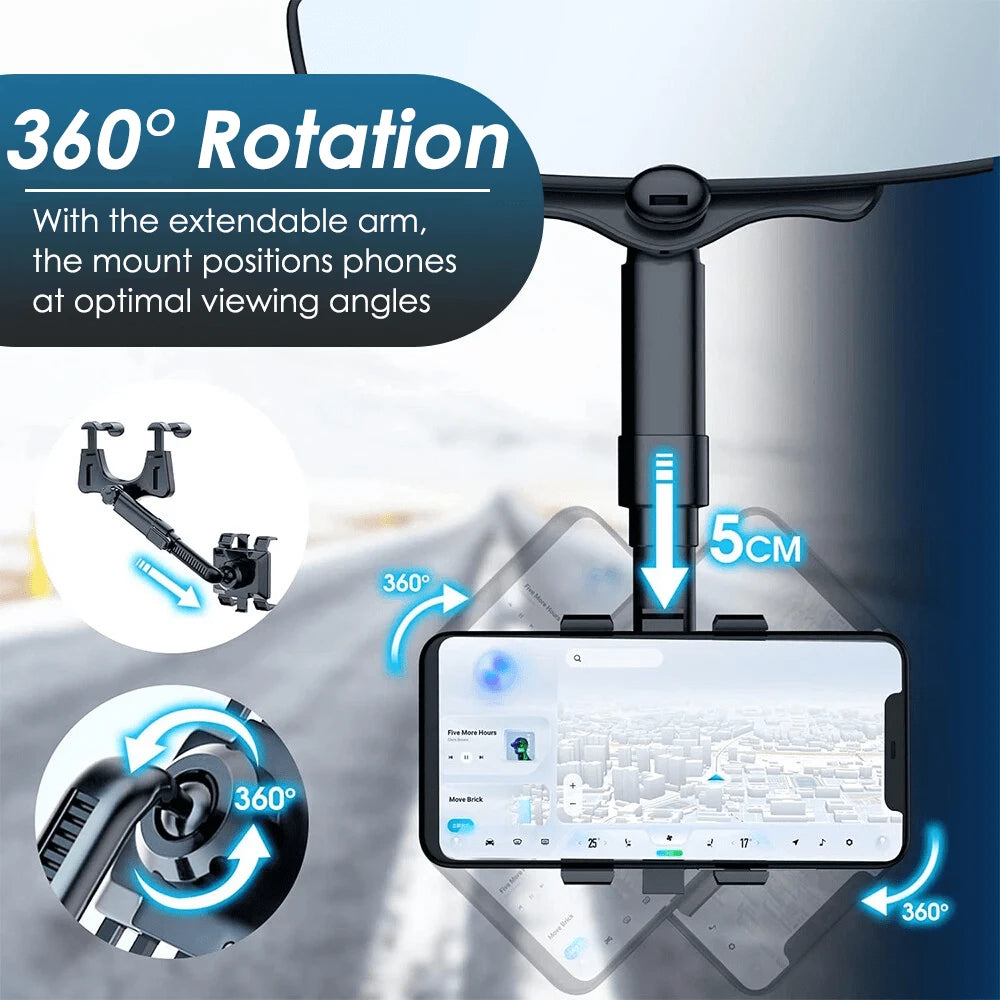 Rearview Mirror Phone Holder For Car, 360° Rotating Rear View Mount With Adjustable Arm Length, Car Phone Mount Compatible With 3-7" Cellphones