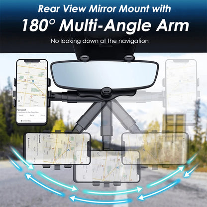 Rearview Mirror Phone Holder For Car, 360° Rotating Rear View Mount With Adjustable Arm Length, Car Phone Mount Compatible With 3-7" Cellphones