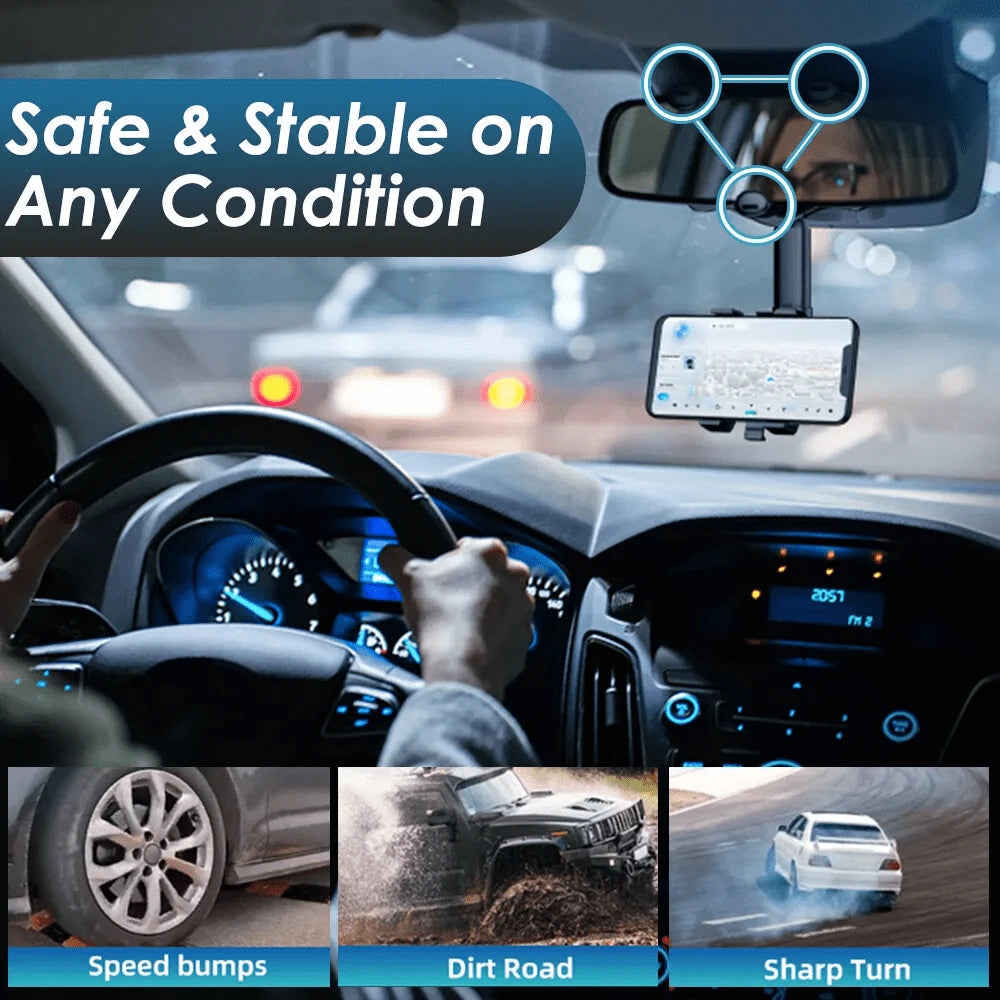 Rearview Mirror Phone Holder For Car, 360° Rotating Rear View Mount With Adjustable Arm Length, Car Phone Mount Compatible With 3-7" Cellphones