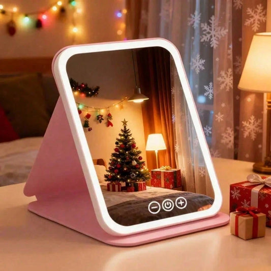 Rechargeable LED Travel Makeup Mirror Three Lighting Modes Touch-Sensitive Controls Adjustable Brightness USB Charging Cable Portable Design Christmas Gift