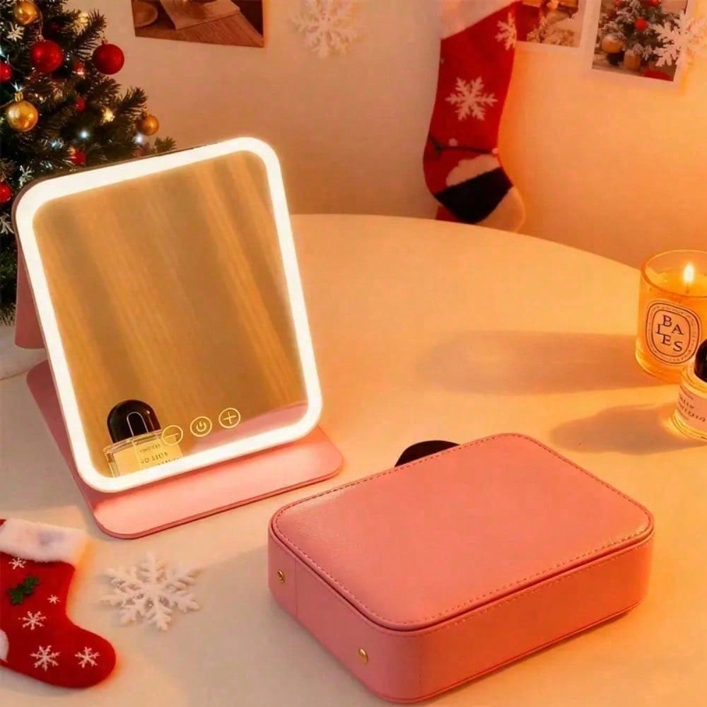 Rechargeable LED Travel Makeup Mirror Three Lighting Modes Touch-Sensitive Controls Adjustable Brightness USB Charging Cable Portable Design Christmas Gift