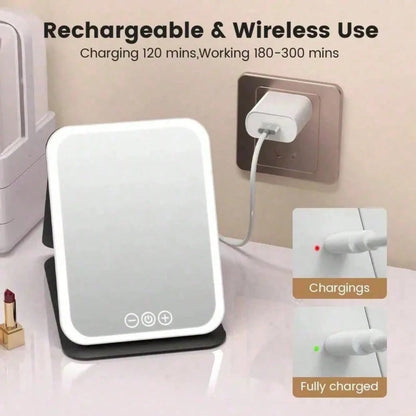 Rechargeable LED Travel Makeup Mirror Three Lighting Modes Touch-Sensitive Controls Adjustable Brightness USB Charging Cable Portable Design Christmas Gift