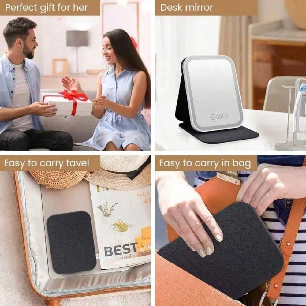 Rechargeable LED Travel Makeup Mirror Three Lighting Modes Touch-Sensitive Controls Adjustable Brightness USB Charging Cable Portable Design Christmas Gift