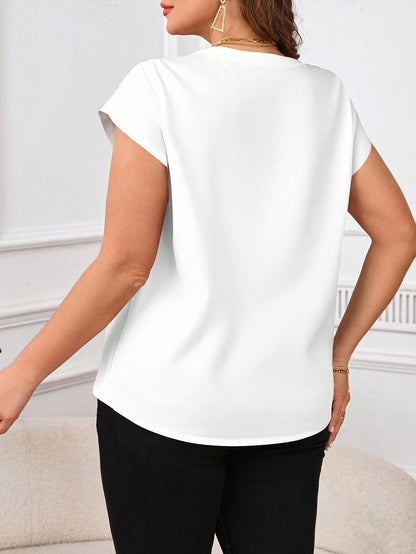 Reflora Plus Size Women's V-Neck Short Sleeve Floral Print Elegant Blouse,White,Summer,Formal, Blue Casual Chic Blouses For Summer Vacation Season