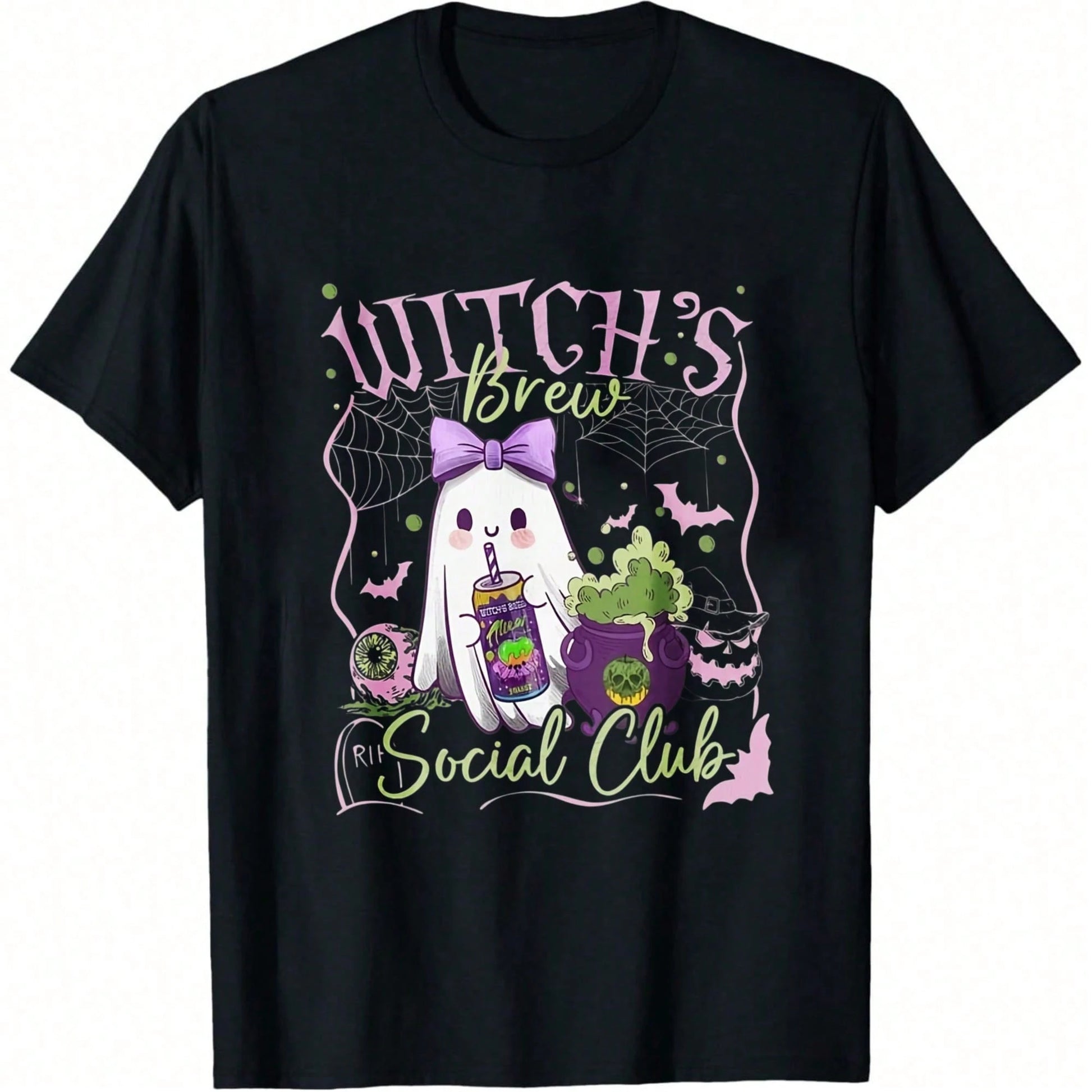 Relaxed Witch Ghost Print T-Shirt, Regular Fit Crew Neck, Retro Casual Crew Neck Printed T-Shirt, Suitable For Halloween.