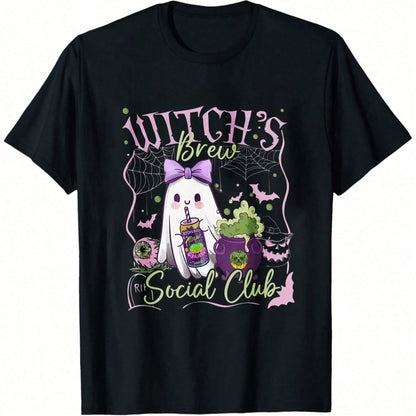 Relaxed Witch Ghost Print T-Shirt, Regular Fit Crew Neck, Retro Casual Crew Neck Printed T-Shirt, Suitable For Halloween.