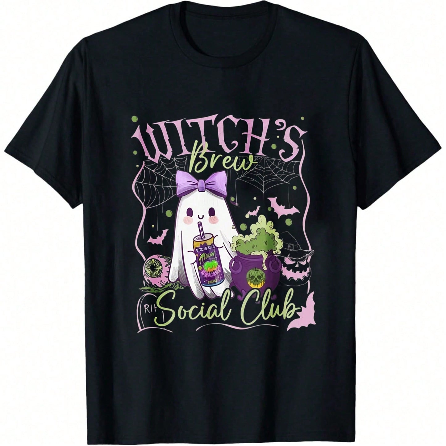 Relaxed Witch Ghost Print T-Shirt, Regular Fit Crew Neck, Retro Casual Crew Neck Printed T-Shirt, Suitable For Halloween.