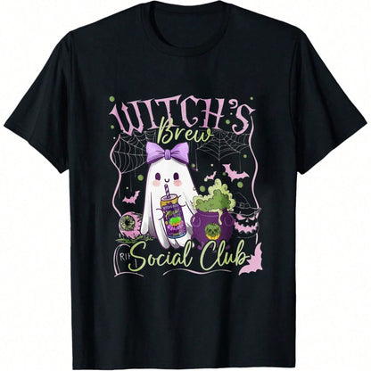 Relaxed Witch Ghost Print T-Shirt, Regular Fit Crew Neck, Retro Casual Crew Neck Printed T-Shirt, Suitable For Halloween.