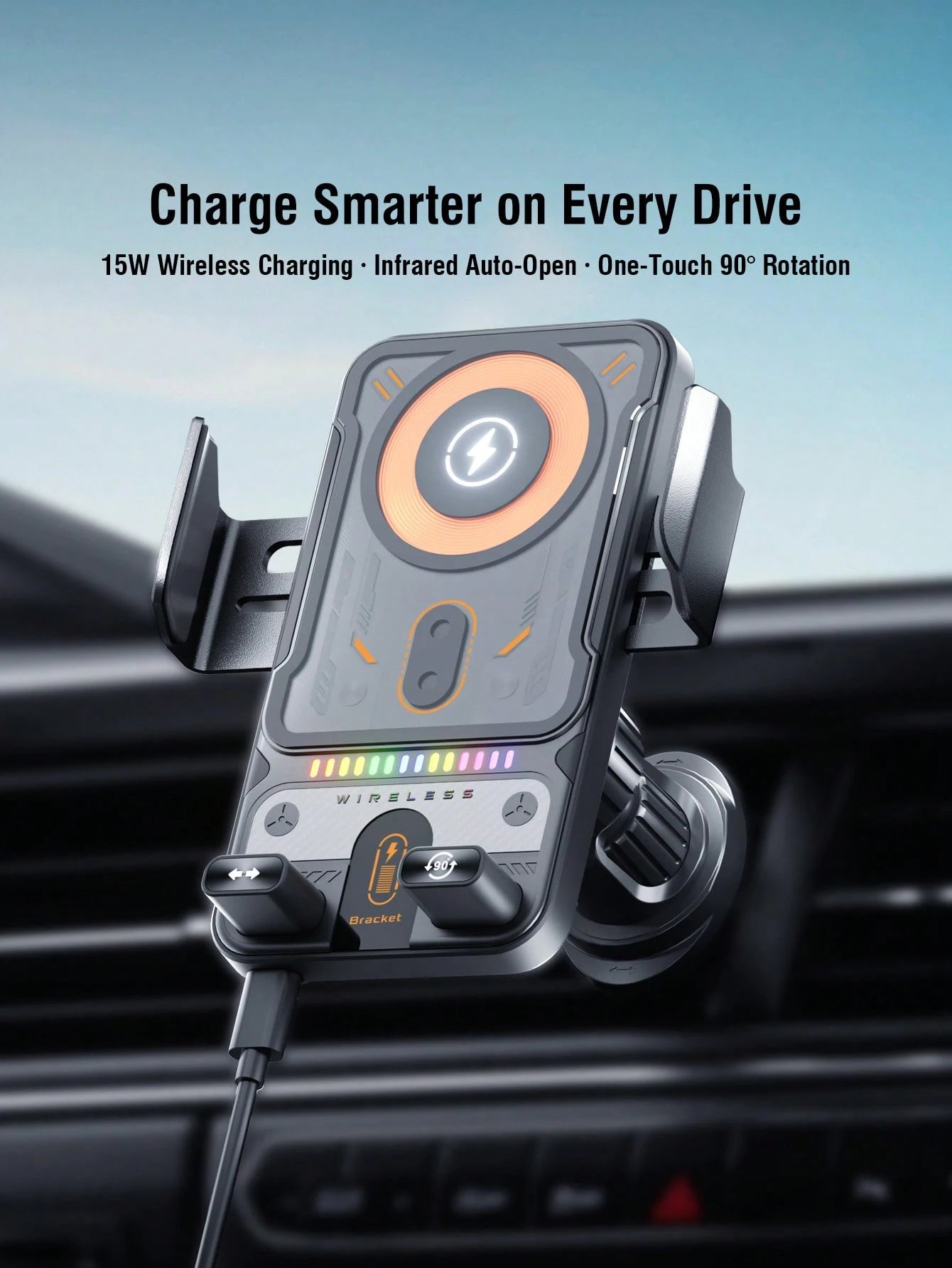 REMAX 15W Wireless Fast Charging Car Phone Holder With RGB Light, Auto Open/Close & Sensor, Overheat Protection, Type-C Interface, Compatible With IPhone And Android, Supports Phone Cases, Universal C