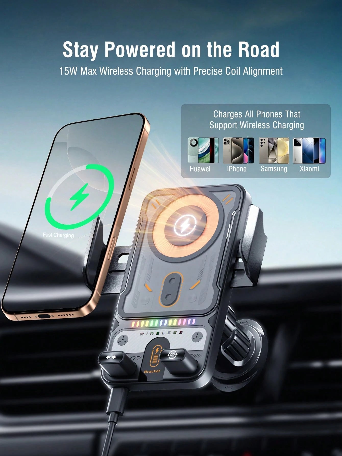 REMAX 15W Wireless Fast Charging Car Phone Holder With RGB Light, Auto Open/Close & Sensor, Overheat Protection, Type-C Interface, Compatible With IPhone And Android, Supports Phone Cases, Universal C